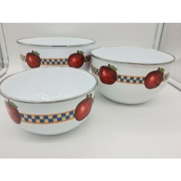 Set of 3 Retro Enamel Metal Nesting Bowls - Fruit Apples Checkered 🍎🍏 - Picture 4 of 9